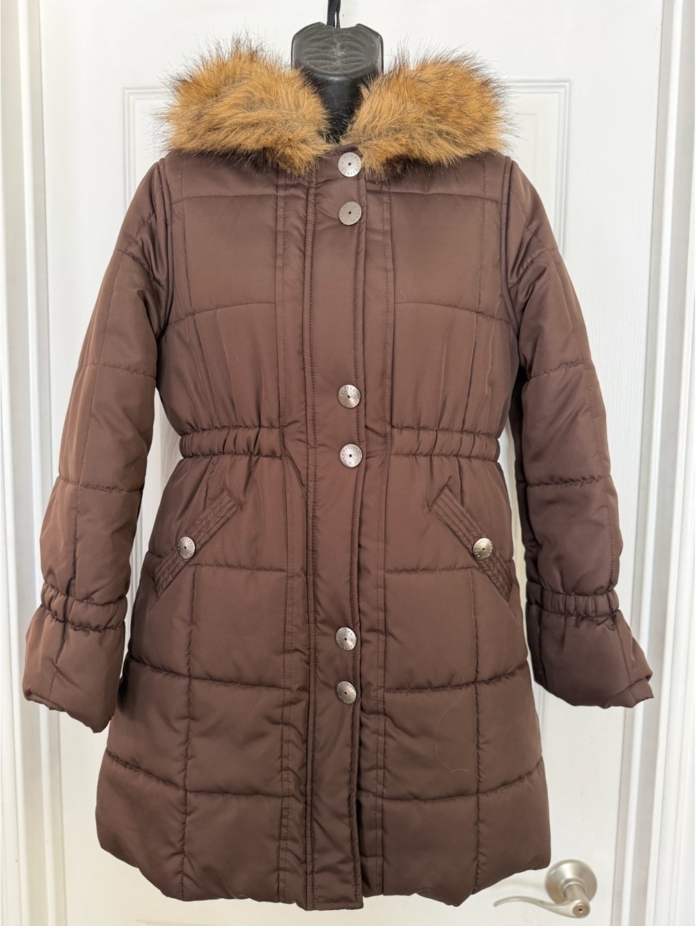 KC Collections brown puffer coat with faux fur hood